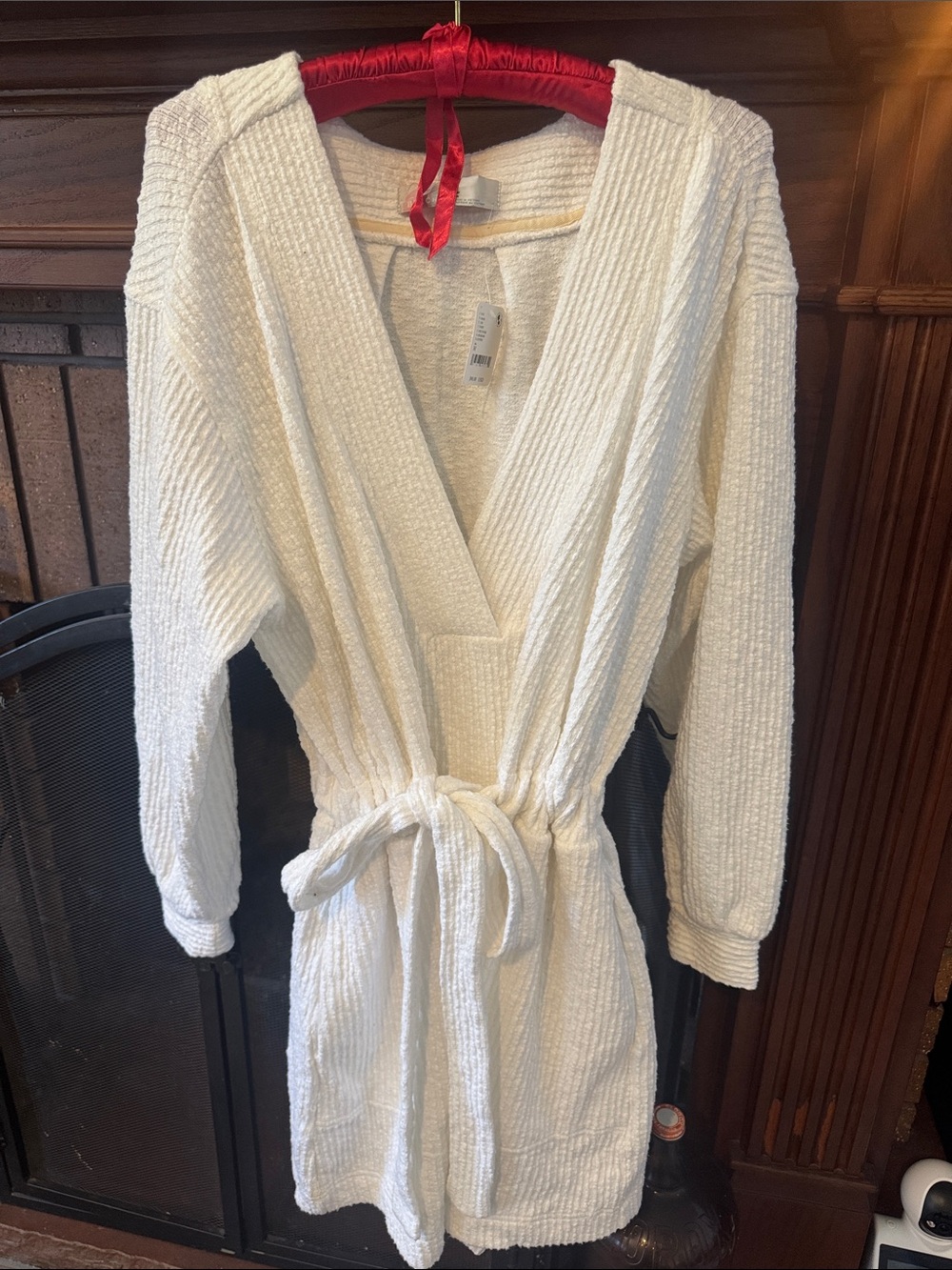 Free People White Terrycloth V-Neck Wrap Sweater with Tie